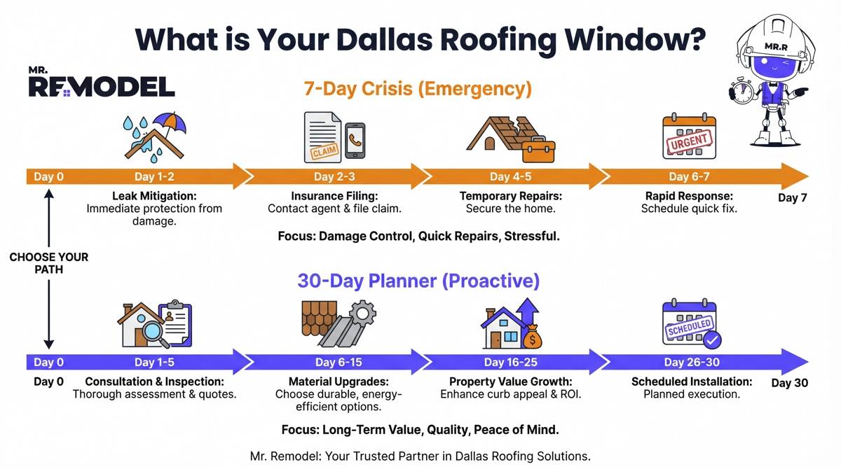 A timeline infographic comparing the rapid response required for storm-damage roofing crises versus the strategic planning window for home value upgrades.